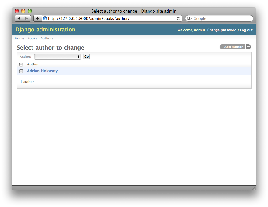 Screenshot of the author change list page.