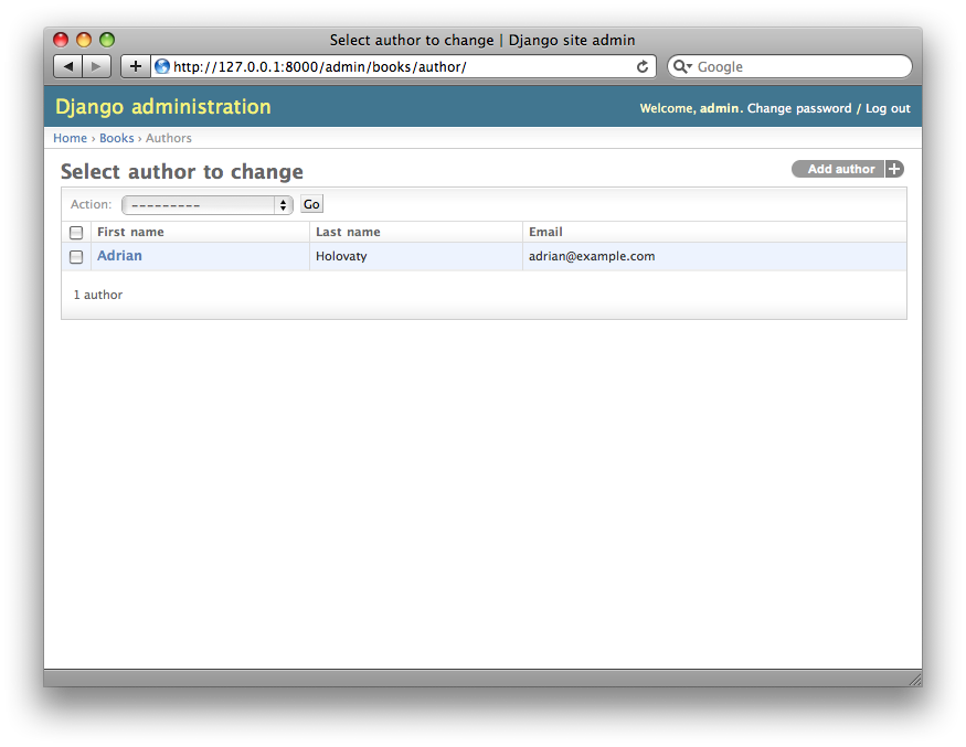Screenshot of the author change list page after list_display.