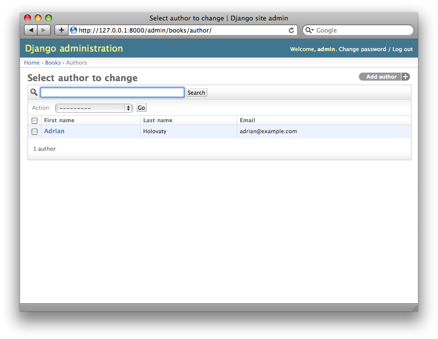 Screenshot of the author change list page after search_fields.